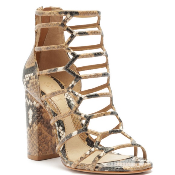 Schutz Juliana Snake Embossed Leather Stiletto Sandal Nude Caramel SZ 10B NEW - Picture 2 of 3